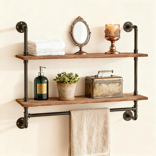 ROGMARS Industrial Pipe Shelving Bathroom Shelves with Towel bar | 30 inch Rustic Floating Shelves Pipe Wall Shelf with Hooks for Living room,Kitchen,Bedroom,Coffee Bar 2 Tier