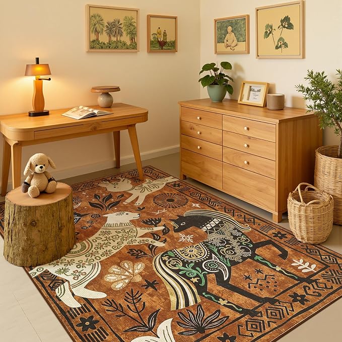 jinchan 5x7 Cute Area Rug Kids Washable Fun Rug Earthy Brown Starlit Boho Indoor Floor Cover Non Slip Lightweight Soft Cozy Animal Throw Carpet for Bedroom Nursery Daycare Living Room Dorm