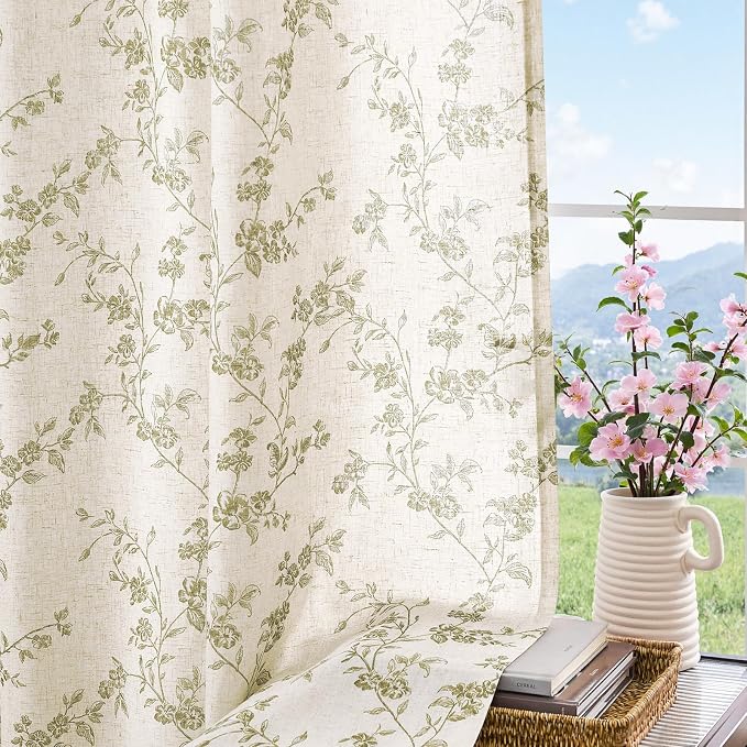 jinchan Green Floral Linen Curtains 63 Inch Farmhouse Back Tab 2 Panels | Green on beige, light filtering, semi sheer, country, rustic, flower, drapes, bedroom, living room, office, home decor