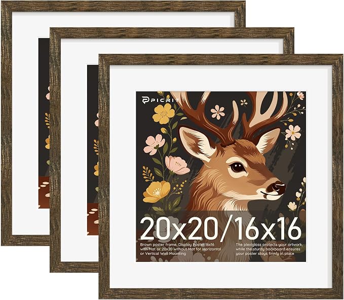 Picrit 20x20 Picture Frame 3 Pack, Wooden Brown Rustic Poster Frame, Display Poster 16 x 16 with Mat or 20 x 20 without Mat for Horizontal or Vertical Wall Mounting