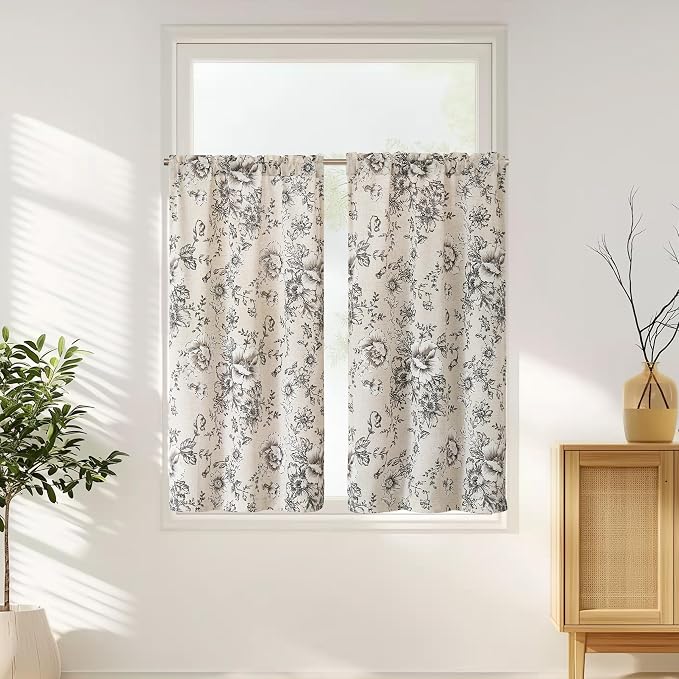 jinchan Floral Linen Tier Curtains 45 Inch Farmhouse Botanic Cafe Drapes for Small Windows Rustic Half Window Curtains for Kitchen Living Room Bathroom Laundry 2 Panels Black on Beige