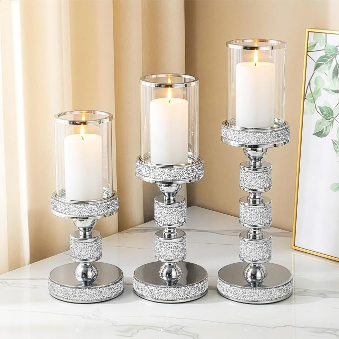 Hurricane Candle Holder, 15.9" Tall Metal Candle Stand, Glass Pillar Candle Holders Crystal Silver Decorative Centerpieces for Table, Wedding and Dining Room (Fits Candles up to 3"x5", 3pcs, S+M+L)