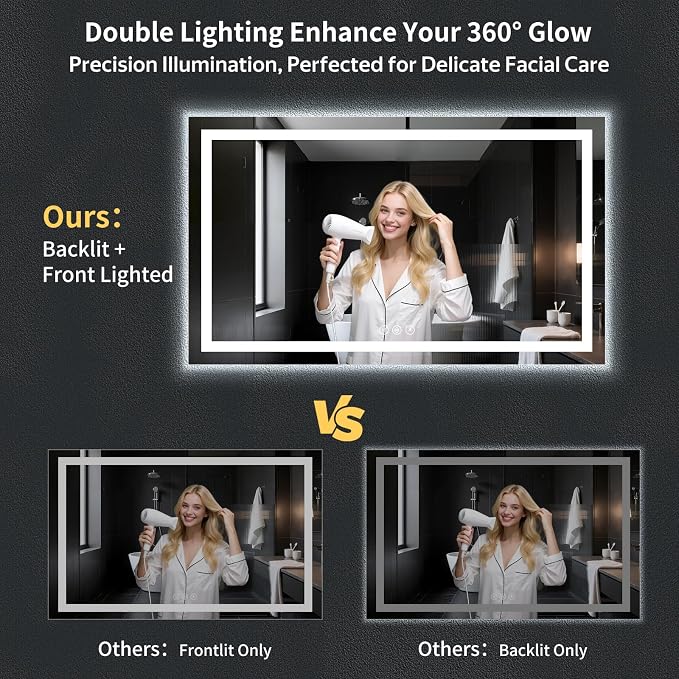 60"x36" LED Bathroom Mirror with Lights, Backlit + Front Lit with CRI>90, Lighted Mirror for Bathroom, Anti-Fog, Dimmable Brightness, 3 Colors, Memory Function, Shatterproof Tempered Glass