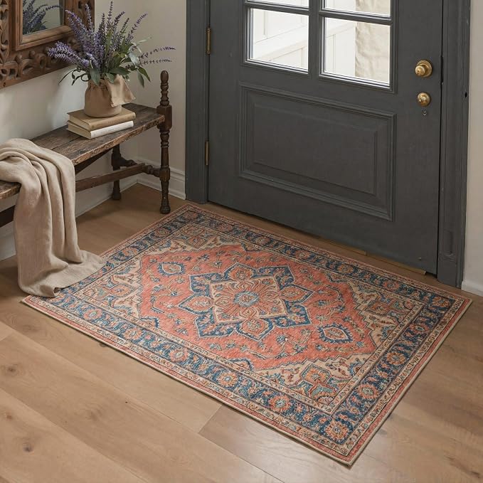 GENIMO 8x10 Area Terracotta Rug for Living Room, Machine Washable Rug, Non Slip Indoor Vintage Carpet, Low Pile Lightweight Print Carpet for Bedroom Dining Room Home Office