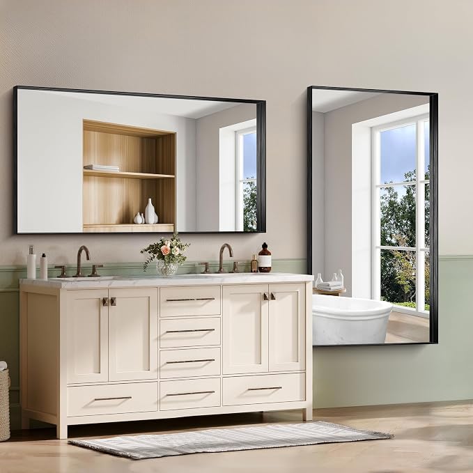 CIRCUMI Black Bathroom Mirror, 30"x60" Rectangular Mirror with Deep Metal Frame, Brushed Finish, Tempered Glass, Large Mirror for Wall, Over 2 Sinks, Installed Vertically/Horizontally, Crystal-Clear