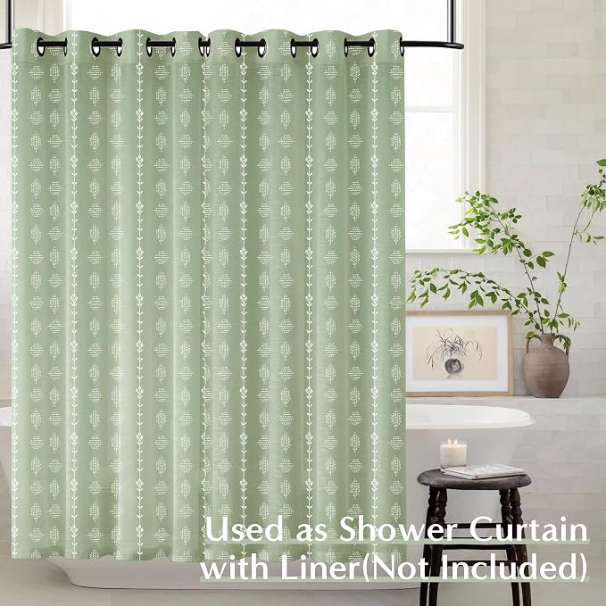 Sage Green Floral Linen Sheer Curtains 72 Inches Long, Boho Gingham Plaid Look Pattern Grommet Drapes for Living Room Bedroom 2 Panels Set