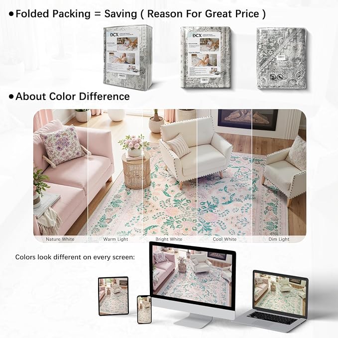 DCX 6x9 Pink Rug, Floral Rug for Girl’s Bedroom, Cute Soft Low Pile Non Slip Stain Resistant Machine Washable Indoor Décor, Kid & Pet Friendly Nursery Carpet for Living Room, Dorm, Playroom
