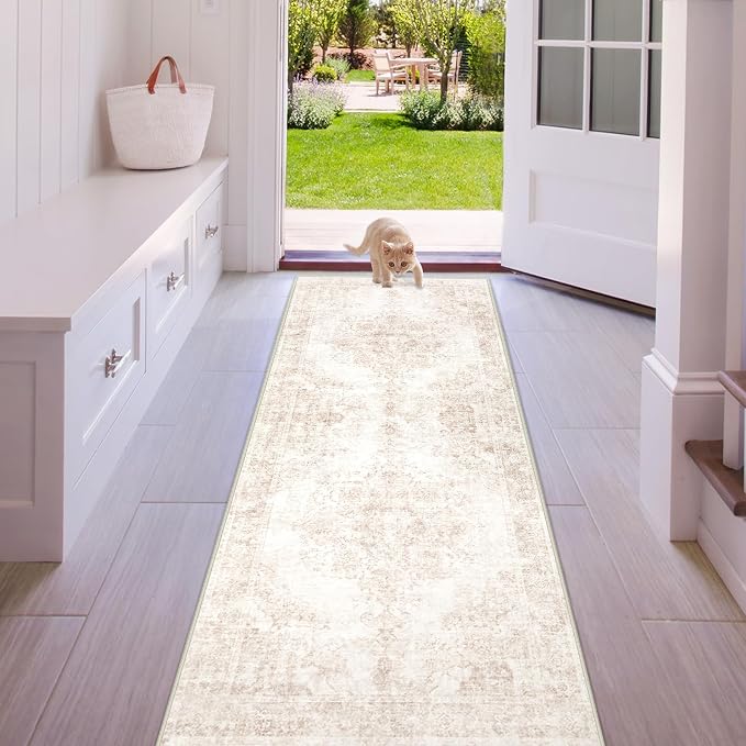 Area Rug 2x6 Runner Rug: Washable Vintage Hallway Rugs Indoor Medallion Rug Low Pile Distressed Floor Carpet Retro Accent Rugs for Kitchen Bedroom Bathroom Dining Room(Retro Beige, 2'x6')
