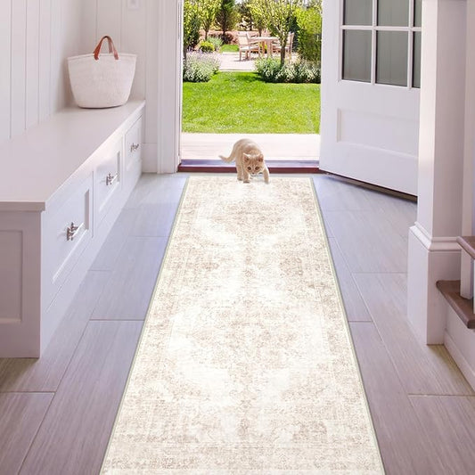 Area Rug 2x6 Runner Rug: Washable Vintage Hallway Rugs Indoor Medallion Rug Low Pile Distressed Floor Carpet Retro Accent Rugs for Kitchen Bedroom Bathroom Dining Room(Retro Beige, 2'x6')