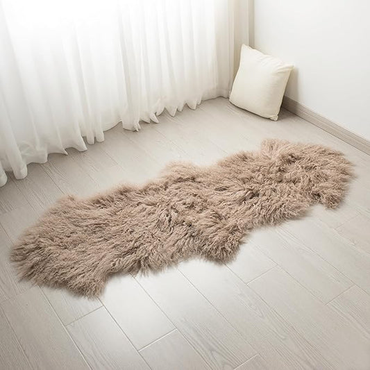 100% Genuine Sheepskin Area Rug Real Lightweight Fluffy Soft Mongolian Long Wool Fur Carpet for Couch Bed Sofa Bedroom Living Room Taupe 2x5ft