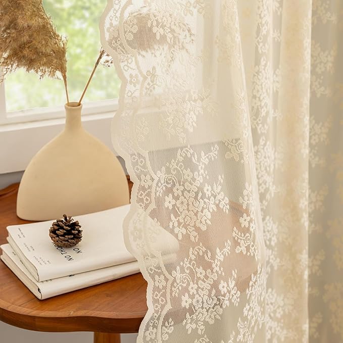 YJ YANJUN Vintage Lace Curtains 90 Inches Long-Victorian Floral Beige Sheer Curtains for Living Room Bedroom Light Filtering Drapes Farmhouse Boho 70s Home Decor 2 Panels W52 X L90 Light Beige