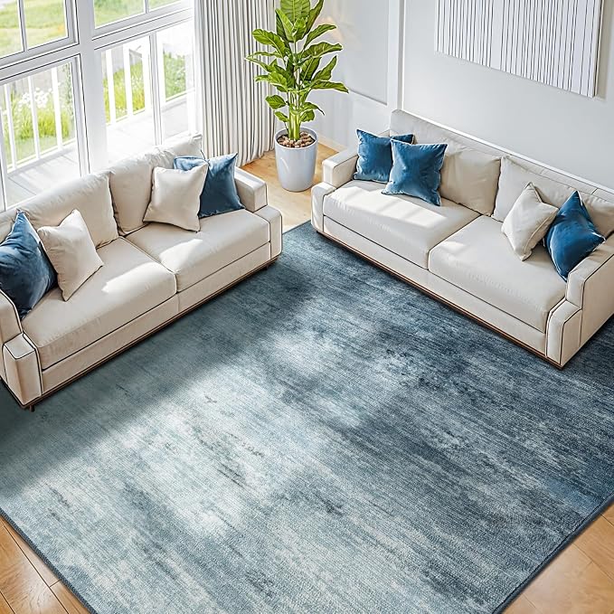 6x9 Washable Area Rug, Blue Solid Area Rugs for Living Room & Bedroom | Stain-resistant & Non-slip backing,Low Pile Washable Large Carpet, Solid Vintage Style For High Traffic Areas(6x9,Blue)