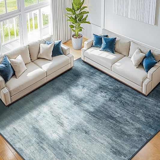 6x9 Washable Area Rug, Blue Solid Area Rugs for Living Room & Bedroom | Stain-resistant & Non-slip backing,Low Pile Washable Large Carpet, Solid Vintage Style For High Traffic Areas(6x9,Blue)