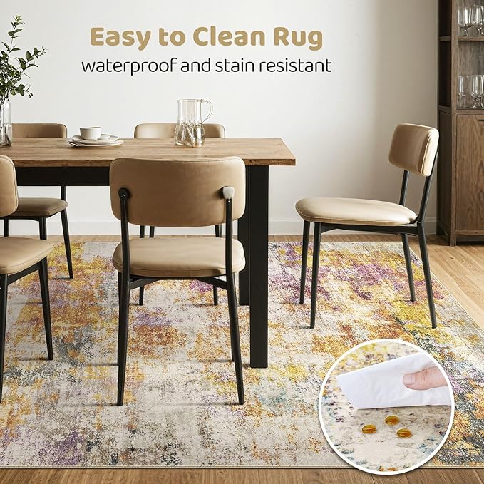 7x10 Area Rug Living Room: Machine Washable Large Abstract Modern Soft Rug Stain Resistant Indoor Floor Non Slip Accent Carpet for Bedroom Nursery Playroom Office Dining Room Dorm- Gold Colorful