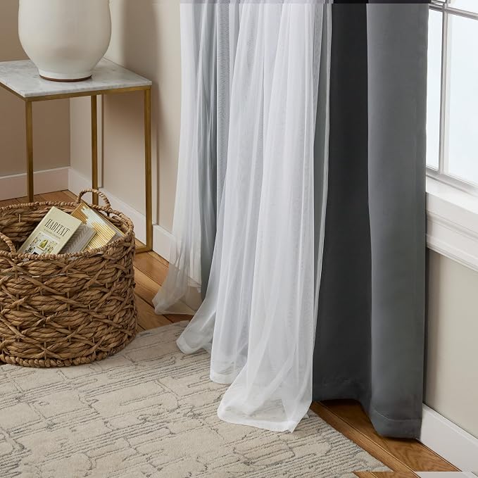 TOWN & COUNTRY LUXE Talia Double Layer Indoor Curtains, Sheer and Room Darkening Blackout, Grommet Top, Energy Efficient, 2-Pack Set, 52"x63", Black Pearl