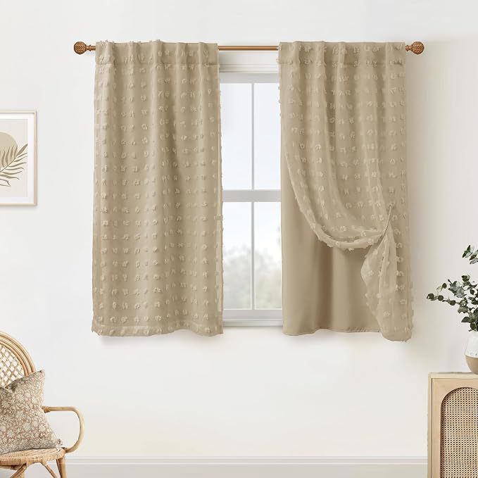 Lino Rosa Back Tab Pom Pom Curtains for Girls Room Bedroom Bathroom Nursery Curtains Double Layer 34x45 Inch Length Taupe