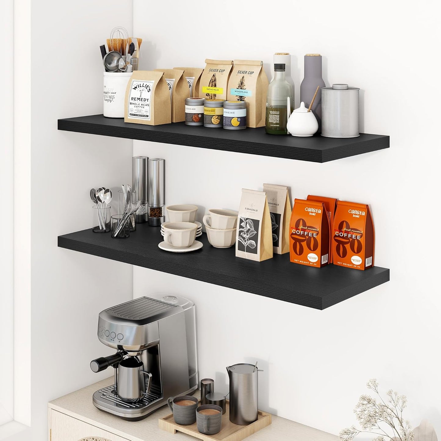 40" Floating Shelves for Wall, 12" Deep Slim Black Floating Shelves, Wall-Mounted Shelves for Bedroom, Living Room, Kitchen, Bathroom - Set of 2