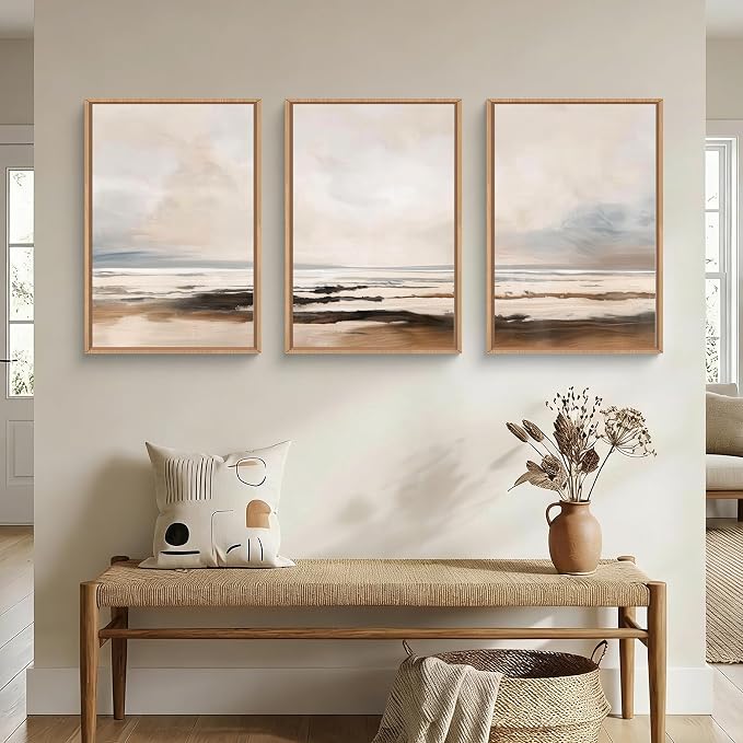 HOURIA Large Neutral Abstract Gray Framed Wall Art Set,Minimalist Modern Beige Brown Landscape Wall Decor,Wilderness Filed Artwork,Watercolor Misty Lake Print for Living Room,Bedroom,Office-16 x24 x3