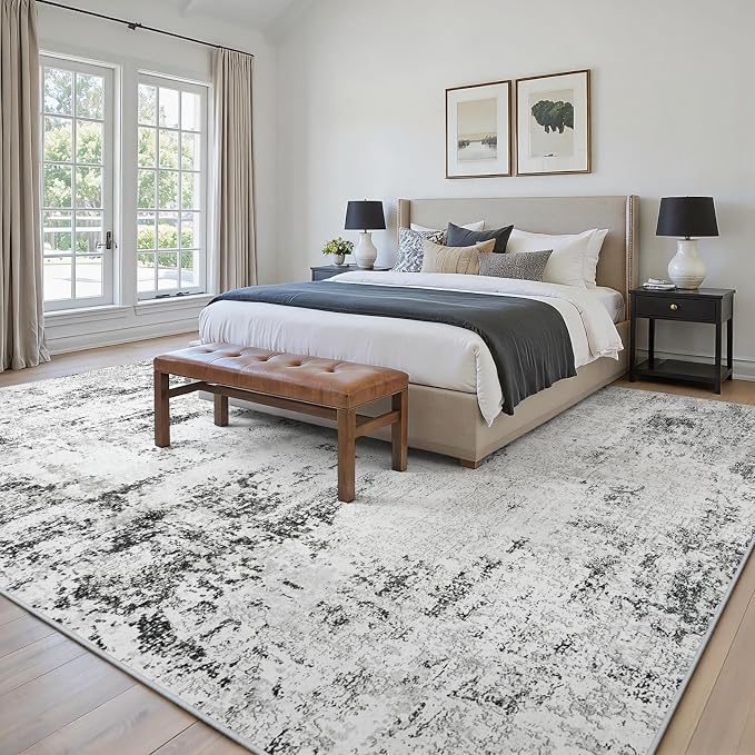 Area Rugs 8x10 Living Room: Large Modern Abstract Washable Rug Soft Anti-Skid Non-Shedding Carpet Indoor Floor Thin Carpets for Bedroom Dining Room Farmhouse Nursery Home Office White Grey Black