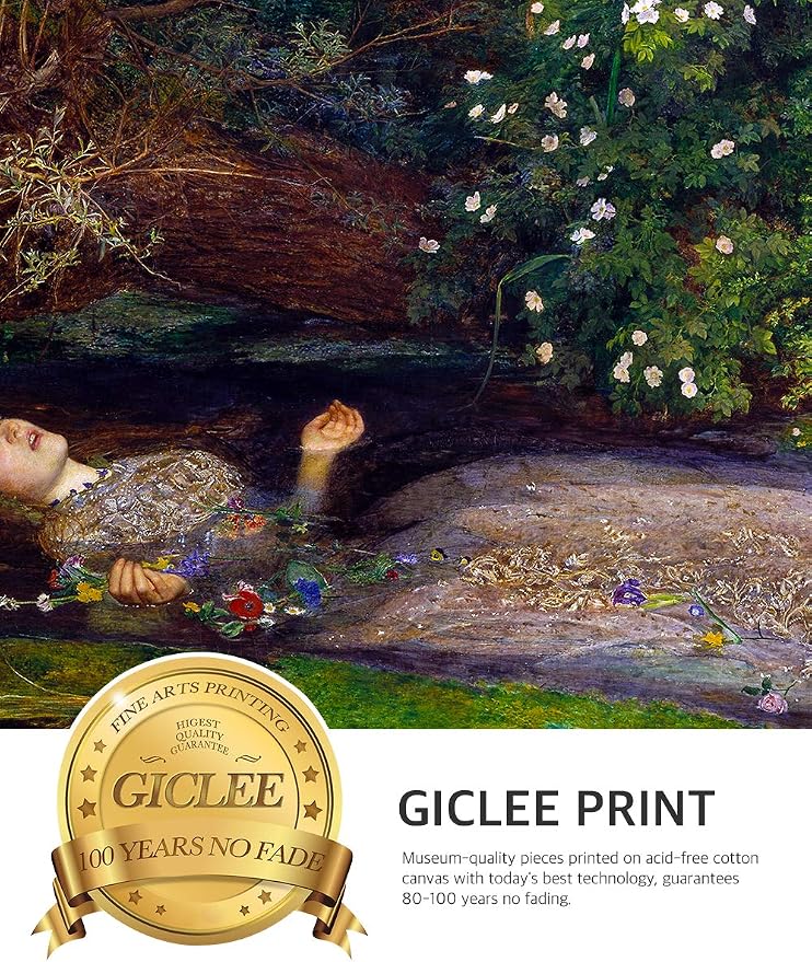 DECORARTS-World Famous Art With Frame Ophelia by John Everett Millais. Giclee Print on Canvas. Professionally Framed for Home and Office Decor. Ready to Hang. 30"L x 20"W