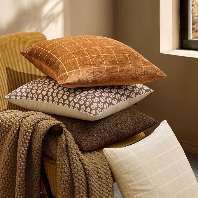 MIULEE Bronze Plaid Decorative Fall Throw Pillow Covers 20x20 Set of 2 | Vintage Check Chenille Couch Pillows Boho Farmhouse Cushion Covers Modern Fall Home Decor for Sofa Bed Living Room