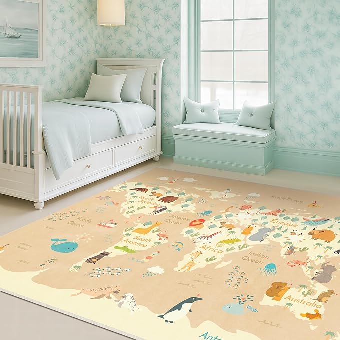 Hazo Haus Washable Kids Rug for Playroom – 5x7 Toddlers Room Play Rug, Educational World Map Area Rug with Cute Animals – Non-Slip, Stain Resistant, Soft & Safe, Nursery, Kids Room, Bedroom - Beige