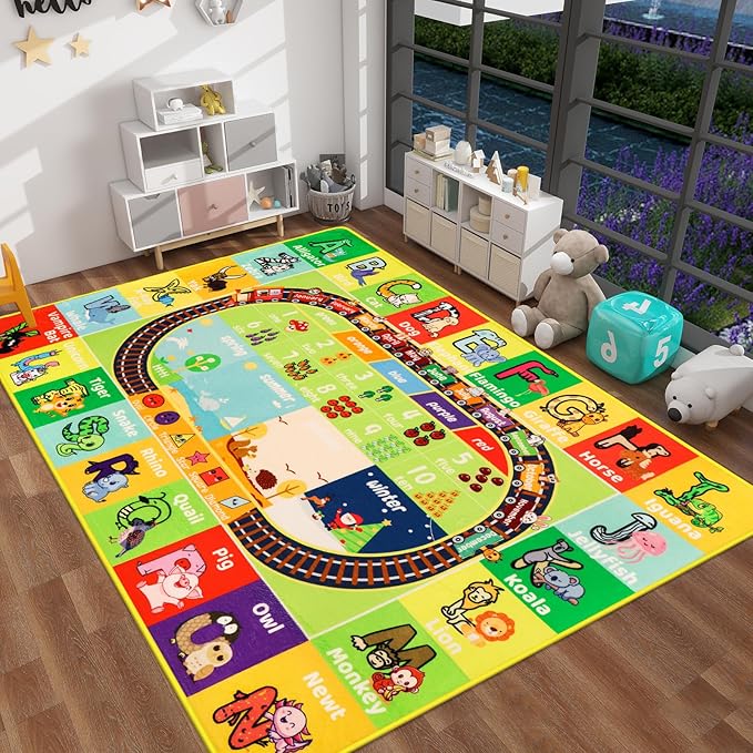 ABC Kids Rug for Playroom 78.7" × 118" Play Mat Alphabet Rug Animal Number Shape Classroom Kids Playroom Early Learning Carpet for Educational Learning & Game Area Preschool