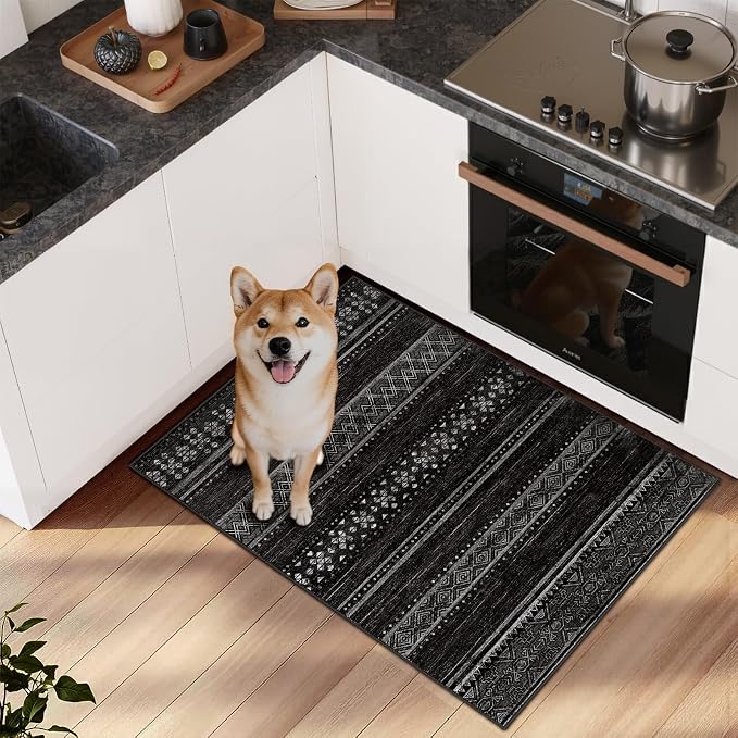 BESTSWEETIE 3x5 Area Rugs for Living Room Washable Moroccan Farmhouse Neutral Geometric Low Pile Non-Slip Soft Print Pattern Rug for Bedroom Kitchen Dining Room Entryway Black/White