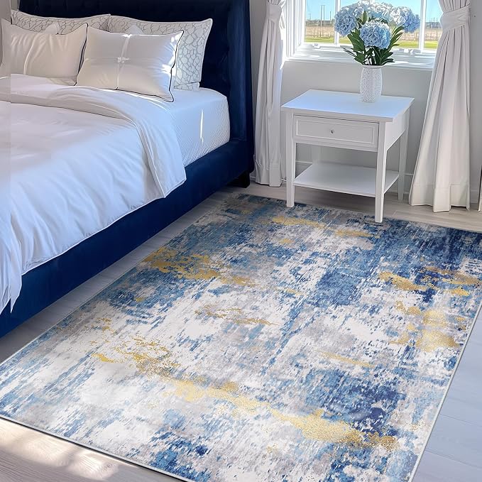 RELEANY Washable Area Rugs 4'x5' Non-Slip Modern Abstract Soft for Living Room Entryway Bedroom Kitchen, Print Pattern, Grey Blue Gold/Golden
