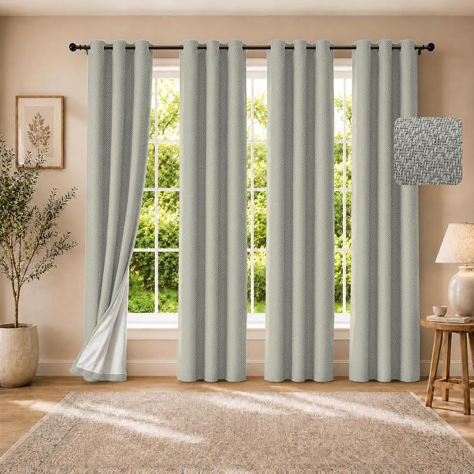 4 Panels 100% Blackout Linen-Textured Curtains, Thick Thermal Insulated Grommet Drapes with Subtle Herringbone Weave, Luxury Decor for Bedroom/Living Room, 37 x 84 Inches, Linen Beige