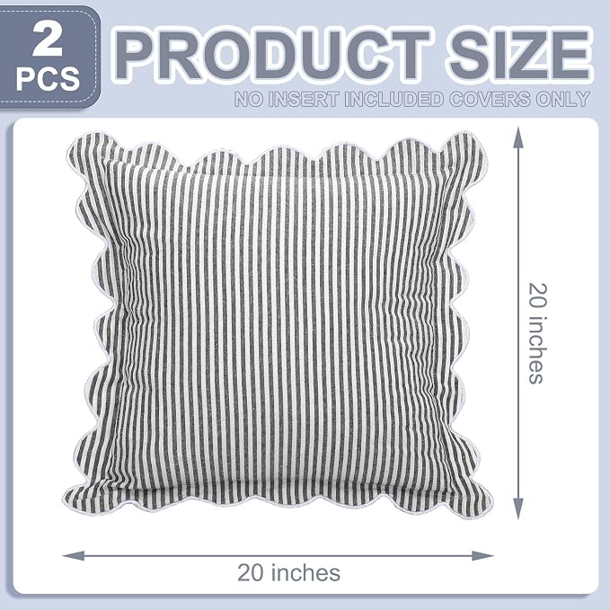 Newwiee 2 Pack Scalloped Pillow Cover 18 x 18 Inch Black Stripe Throw Pillow Cover Cotton Decorative Pillowcase for Women Men Couch Living Room Cushion Indoor Outdoor Decoration