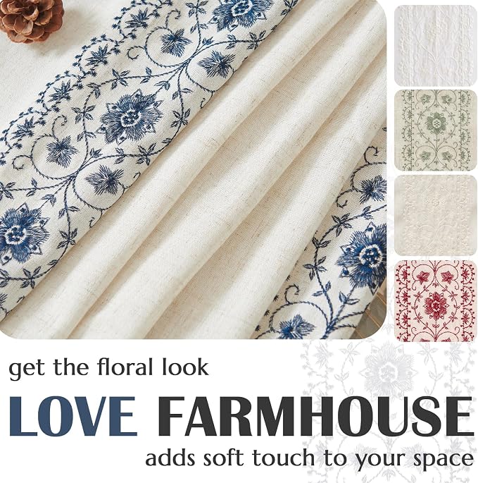 jinchan Weslie Boho Curtains for Bedroom Blue Vintage Floral Farmhouse Curtains 63 Inch Length Linen Drapes for Living Room Embroidered Light Filtering Drapes Rod Pocket Blue on Beige 2 Panels