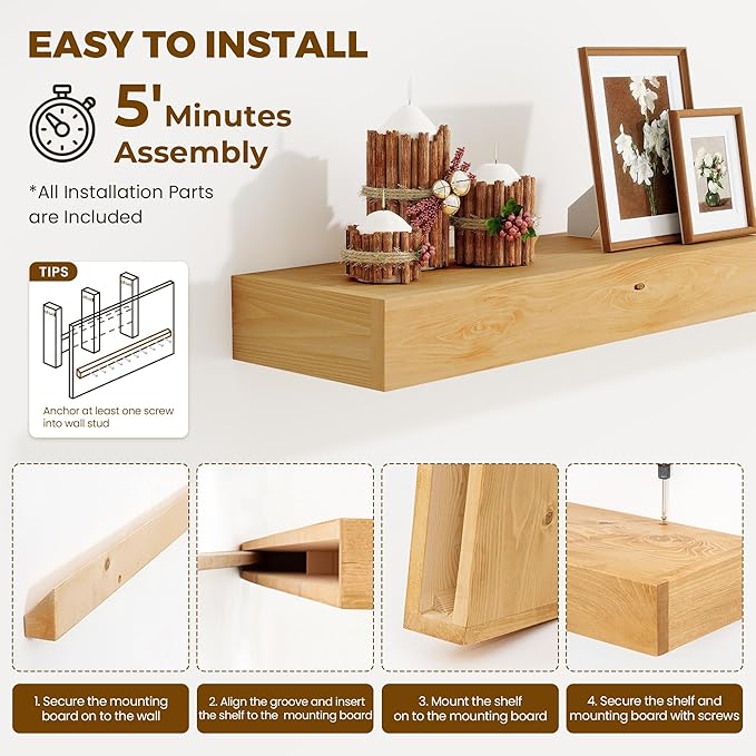Marsmiles Fireplace Mantel Shelf 72 Inch, Rustic Handcrafted Wood Mantles for Over Fireplace, Farmhouse Wall Mounted Floating Shelves for Living Room Decor & Display, 72W x 3H x 8D, Honey Maple