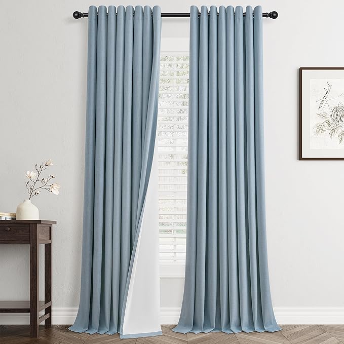 Jowels Blue Linen Blackout Curtains 87 Length 2 Panels Set for Living Room Bedroom, 100% Black Out Thermal Insulated Linen Drapes, Room Darkening Grommet Curtains 87 Inches Long