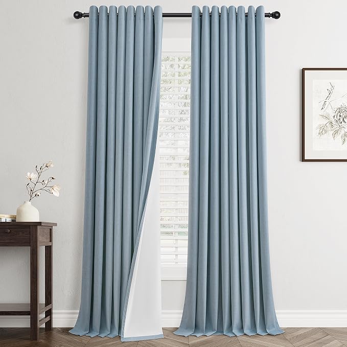 Jowels Blue Linen Blackout Curtains 108 Length 2 Panels Set for Living Room Bedroom, 100% Black Out Thermal Insulated Linen Drapes, Room Darkening Grommet Curtains 108 Inches Long
