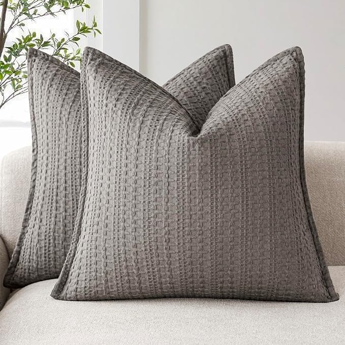 Foindtower Set of 2 Decorative Cotton Waffle Weave Throw Pillow Covers Euro Shams Cushion Covers Accent European Pillowcase for Bed Couch Sofa Bedroom Living Room Home Decor 18×18 Inch Taupe Gray