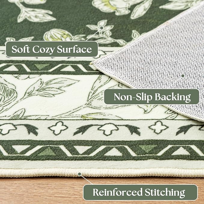 Olive Green Floral 5x7 Area Rug Vintage Boho Washable Printed Rug for Living Room Non-Slip Soft Bedroom Cottagecore Farmhouse Carpet for Dining Room Nursery Dark Green and Cream Beige Sketch Style