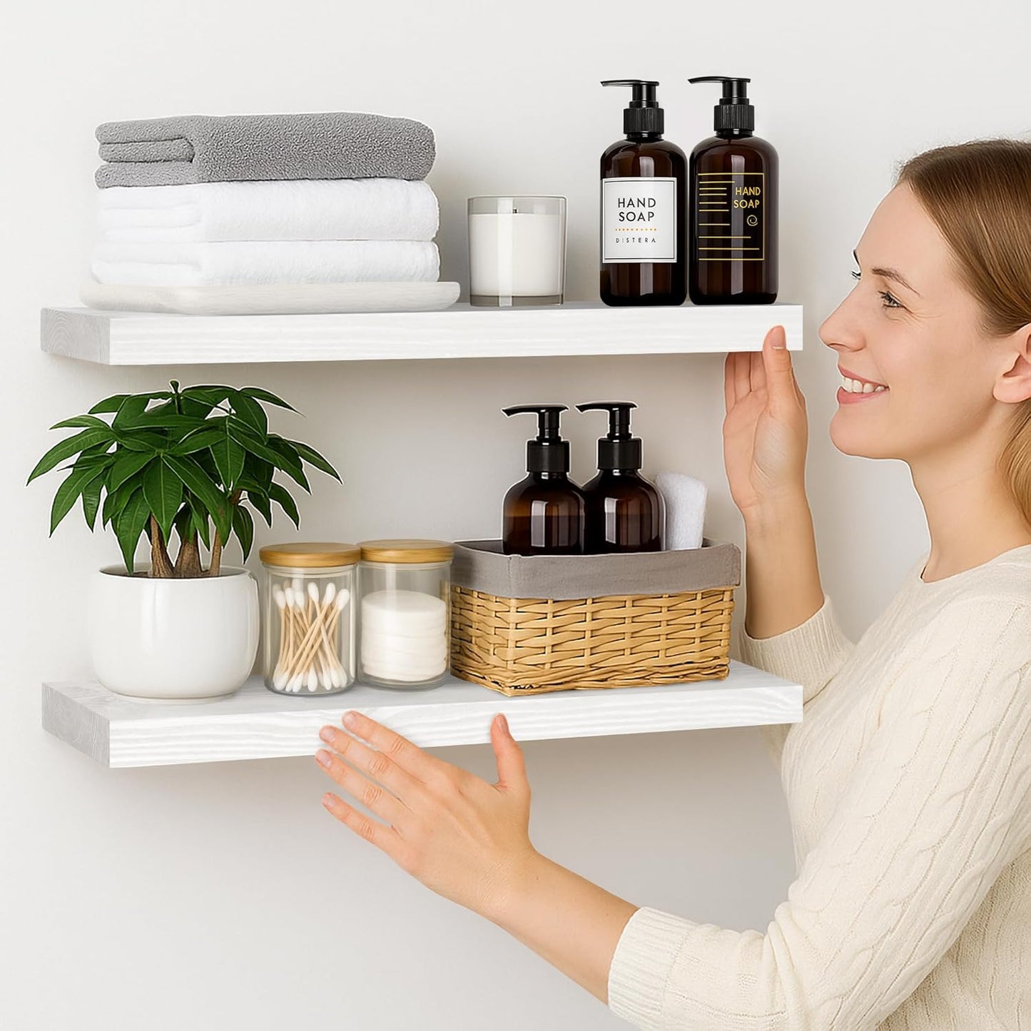 BGMG Wood Floating Shelves for Wall 30 inch Set of 2,White Floating Shelves,Solid Wood Wall Mount Shelves for Bathroom Living Room Bedroom Kitchen Farmhouse -30x 6.7 x1.25 inch