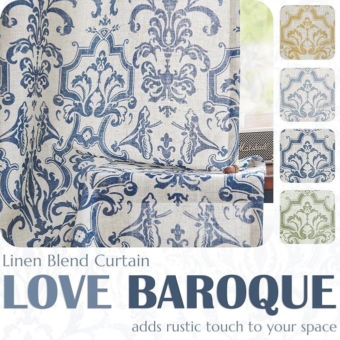 jinchan Linen Valance Curtain for Kitchen Vintage Damask Floral Blackout Valance Double Layer Small Window Curtain for Living Room Bedroom Bathroom 18 Inch Rod Pocket 1 Panel Dark Blue on Beige