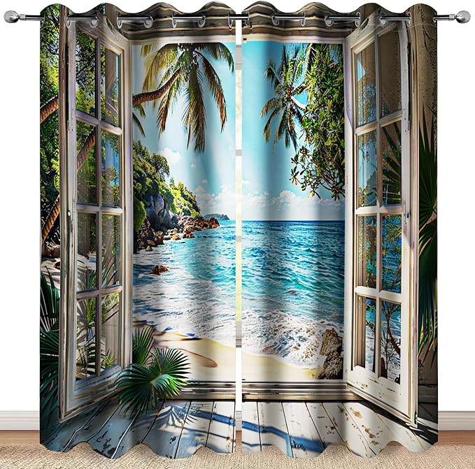 Ocean Beach Seaside Blackout Curtains Coast Palm Tree Sunshine Mountain Curtain Blue Sky White Clouds Summer Decor Women Men Girls Boys Bedroom Room Darkening Grommet Window Drapes 2 Panels, 52"x84"