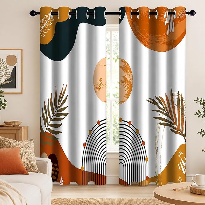 Boho Tropical Window Drapes, Mid Century Blackout Curtain Leaves Abstract Aesthetic Art Darkening Thermal Insulated Grommet Window Curtain for Living Room Bedroom Decor 2 Panels 52"x96" Inch