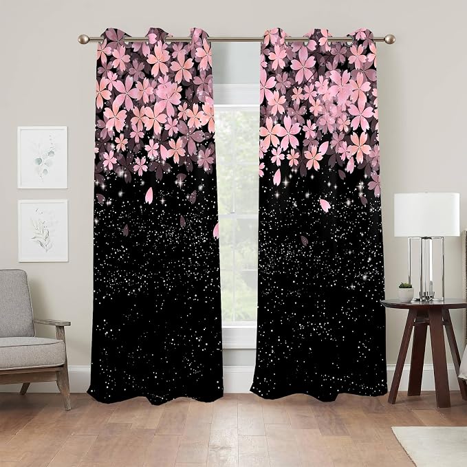 Renaiss Pink Cherry Patels Blackout Curtains, Japanese Cherry Flowers Thermal Insulated Bedroom Window Curtains, Black Floral Bossom Window Drapes for Living Room, 108" L x 53" W 2 Panel Set