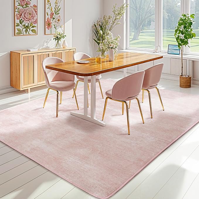 6x9 Washable Area Rug, Pink Solid Area Rugs for Living Room & Bedroom | Stain-resistant & Non-slip backing,Low Pile Washable Large Carpet, Solid Vintage Style For High Traffic Areas(6x9,Pink)