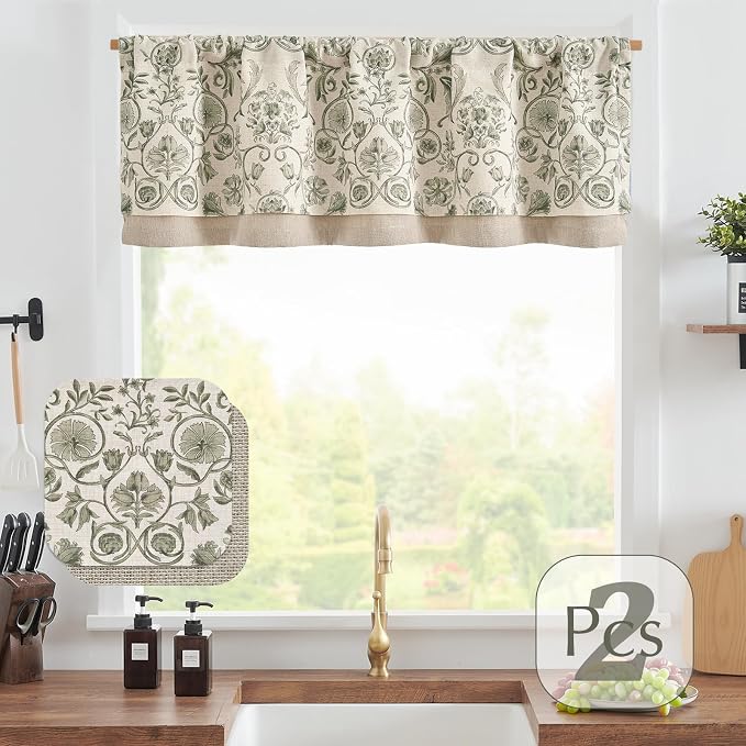 jinchan Linen Valance Kitchen Curtain Pack of 2 Double Layer 16 Inch for Living Room Bedroom Window Treatment Light Filtering Vintage Farmhouse Cottagecore Rod Pocket 2 Panels Green on Beige