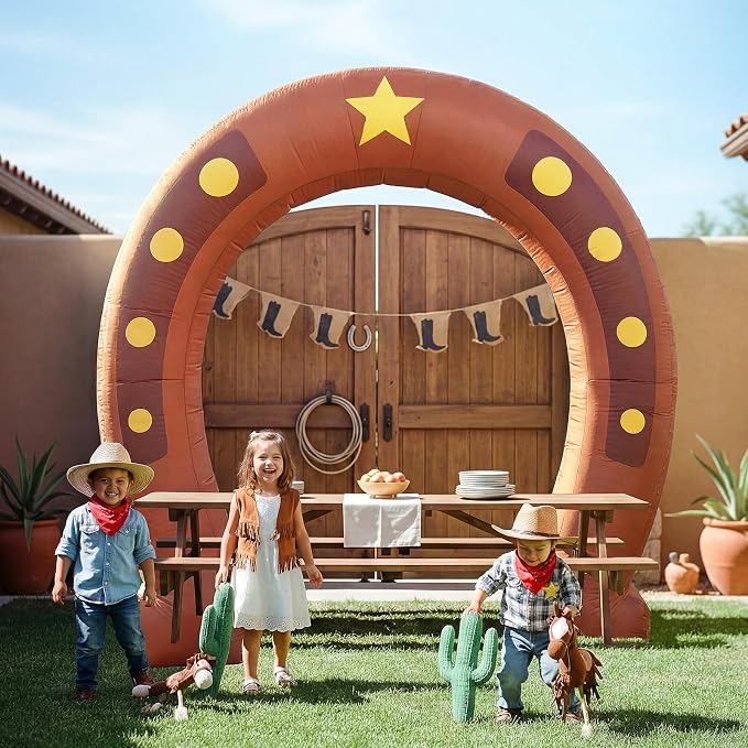 Seenelling 9 ft Western Party Giant Inflatable Archway Decoration, Cowboy Horseshoe Arch Built-in LED Lights for Western Themed Party Birthday Indoor Outdoor Supplies