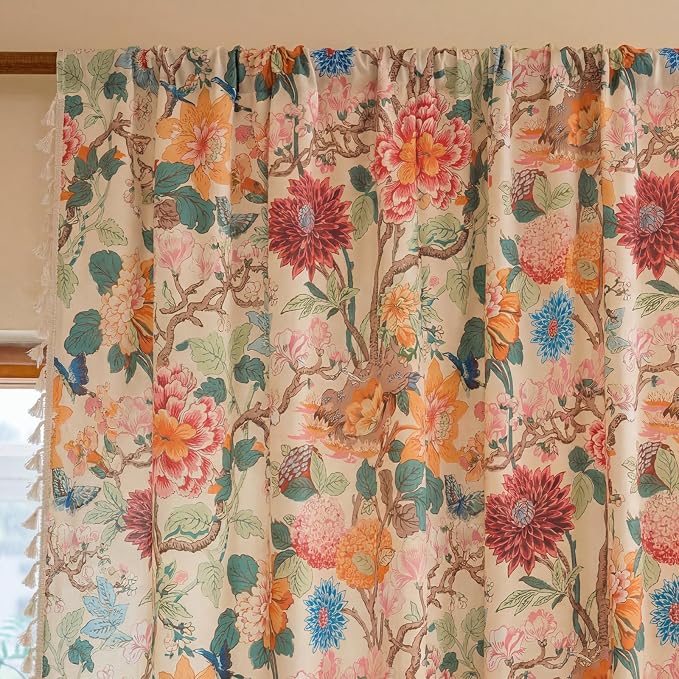 OYX Boho Floral Curtains 63 Inch, Linen Farmhouse Flower Drapes with Lace & Tassels, Light Filtering Semi Sheer Curtains for Living Room Bedroom, 2 Panels