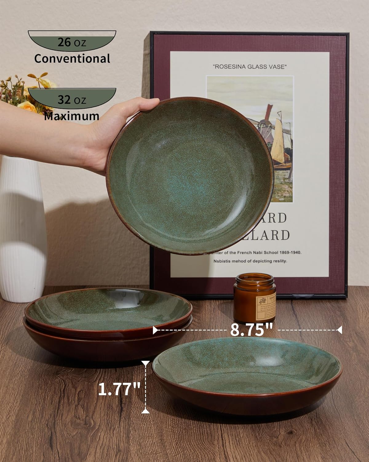 16 Piece Double Bowl Dinnerware Sets with Pasta Bowls, Highly Chip and Crack Resistant Plates and Bowls Sets, Natural Earthyware Ceramic Dishware Sets, Service for 4 Sage Green