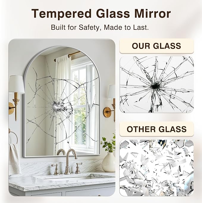 Bathroom Vanity Mirror for Wall, 38”x26” Arched Bathroom Mirror for Over Sink, Arched Metal Frame for Bedroom, Living Room, Entryway, Hanging or Leaning, Silver