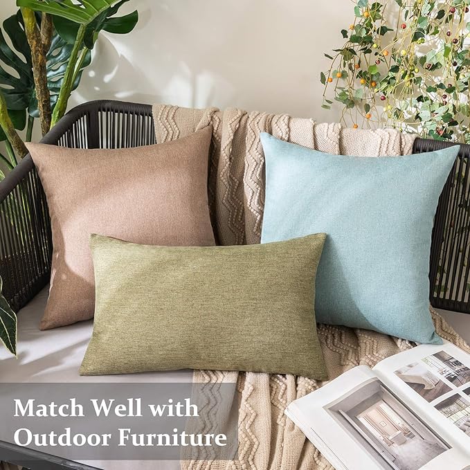 MIULEE Pack of 2 Decorative Outdoor Solid Waterproof Throw Pillow Covers Euro Sham Faux Linen Garden Farmhouse Cushion Cases for Patio Tent Balcony Couch Sofa 22x22 Inch Dark Green