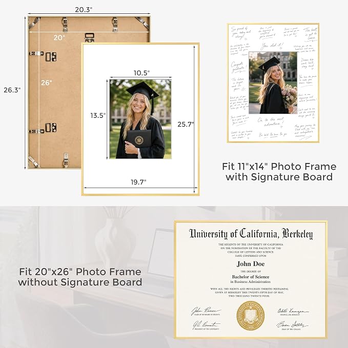 Signature Picture Frame 20x26, Aluminum Signable Frame with Glass, Gold | Elegant Gold Signable Frame with 11x14 for Wedding, Graduation, Birthday & Baby Shower Guest Book| Real Glass & Wall Kit